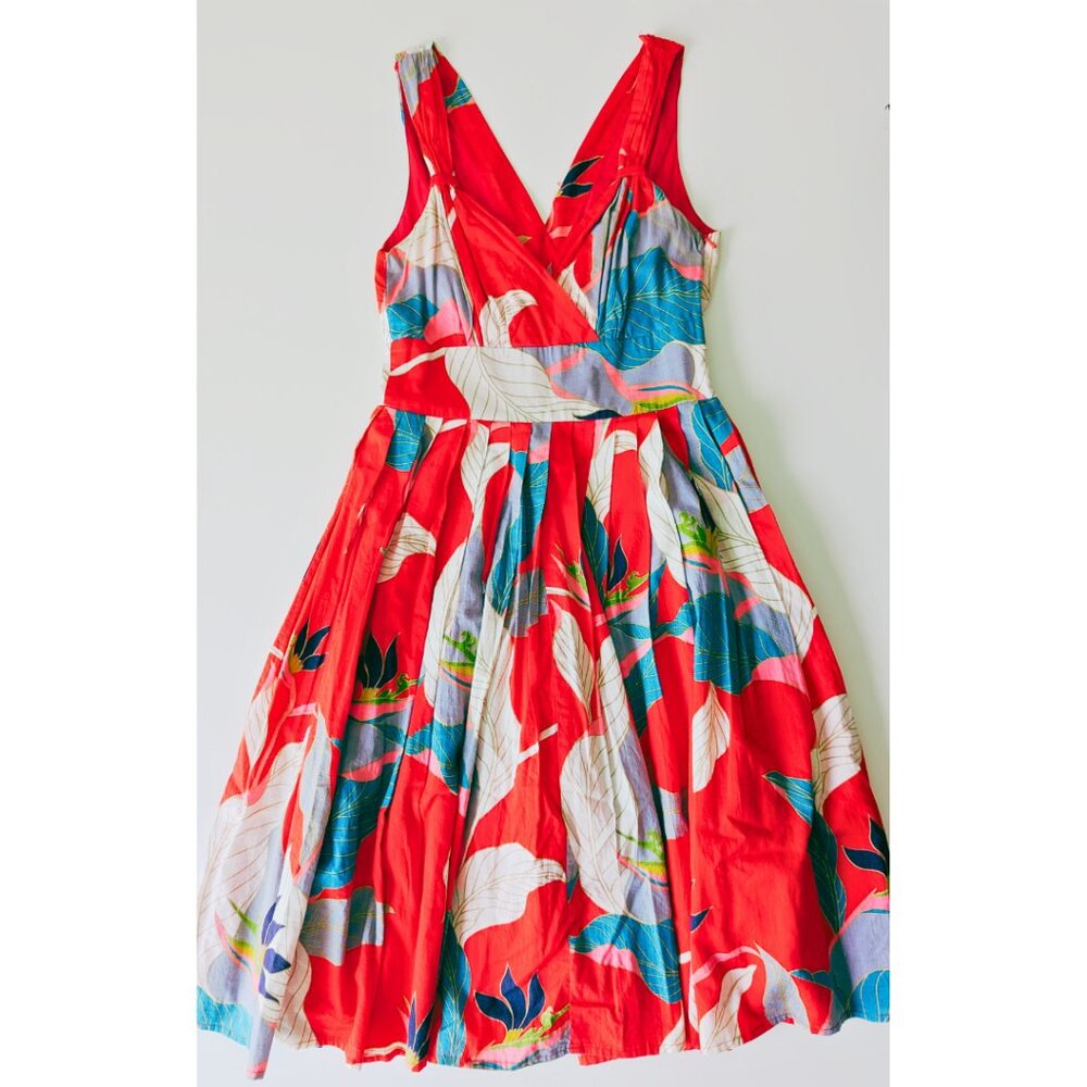Summer Dress, Vibrant Red Floral & Leaf Print, Size Small